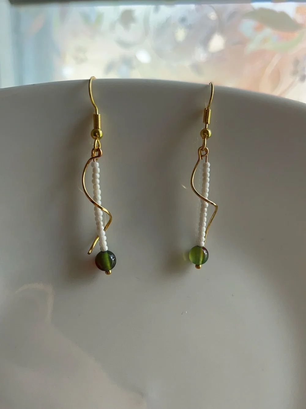 Dainty Drop Gold-toned Wavy Metal Design Adorned | White & Olive Grean Jade Bead